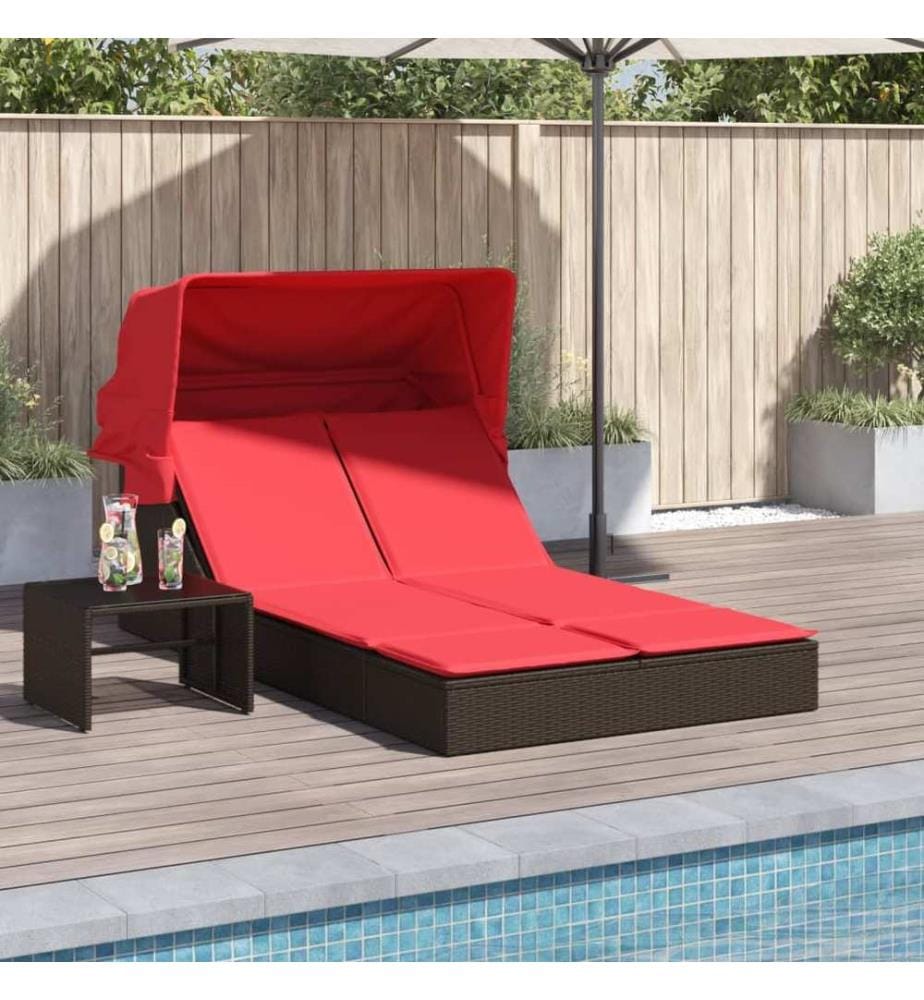 vidaXL Doppelte Sonnenliege mit Baldachin und Kissen, braun, Polyrattan