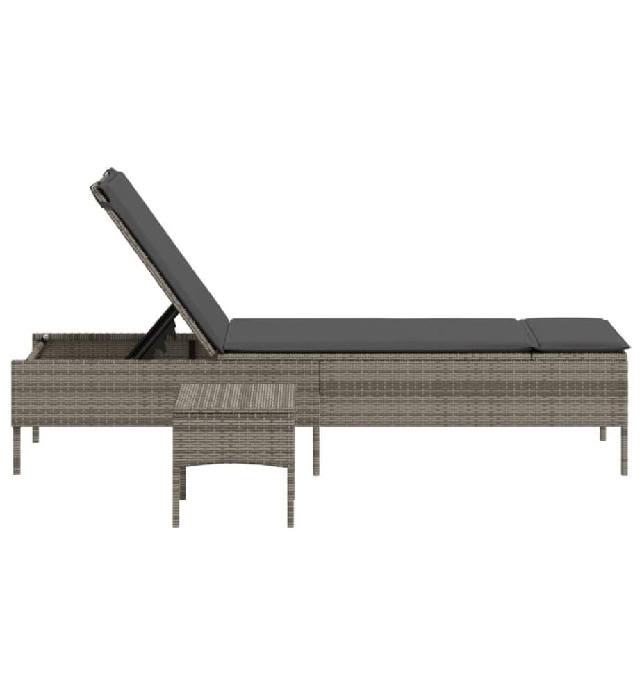 vidaXL Sonnenliege mit Tisch und Auflage Grau Poly Rattan