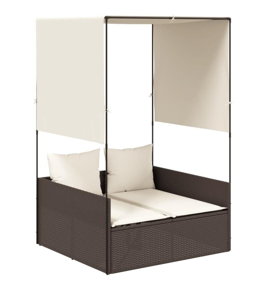 vidaXL Doppel-Sonnenliege mit Dach und Vorhängen Braun Poly Rattan