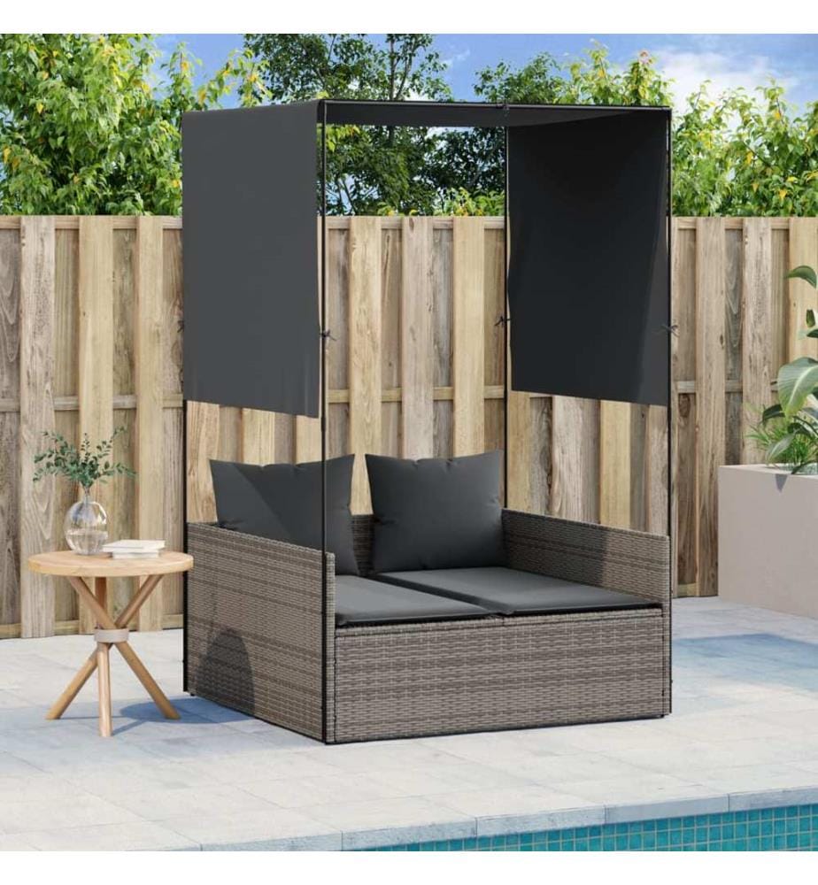 vidaXL Doppel-Sonnenliege mit Dach und Vorhängen Grau Poly Rattan