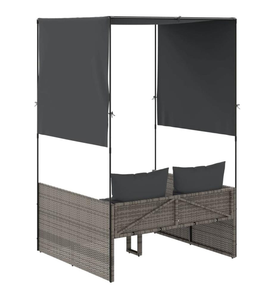 vidaXL Doppel-Sonnenliege mit Dach und Vorhängen Grau Poly Rattan