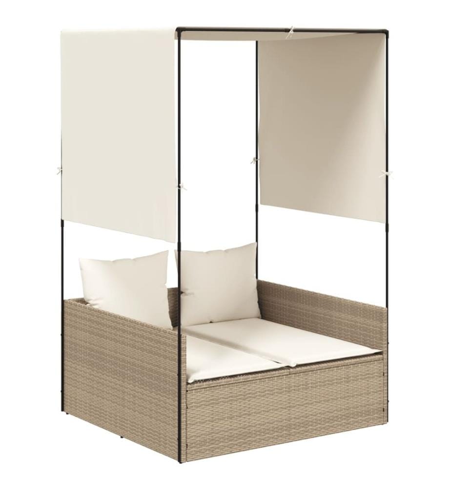 vidaXL Doppel-Sonnenliege mit Dach und Vorhängen Beige Poly Rattan