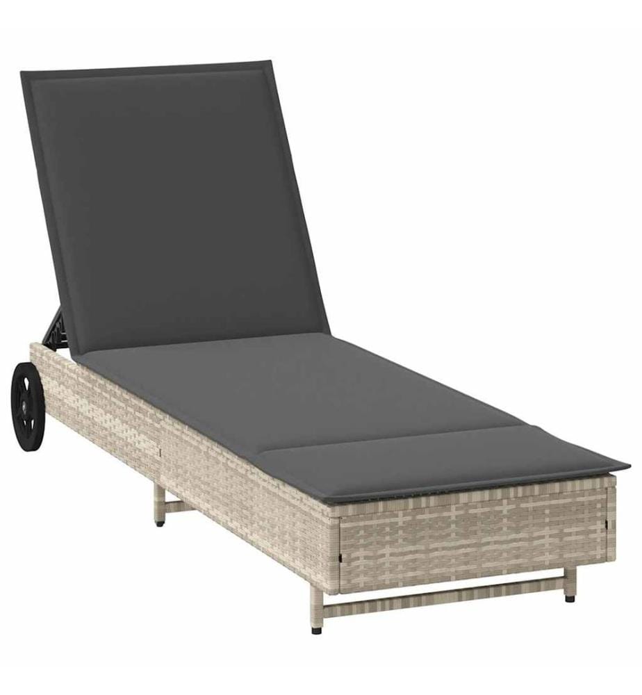 vidaXL Sonnenliege mit Rollen und Auflage Hellgrau Poly Rattan