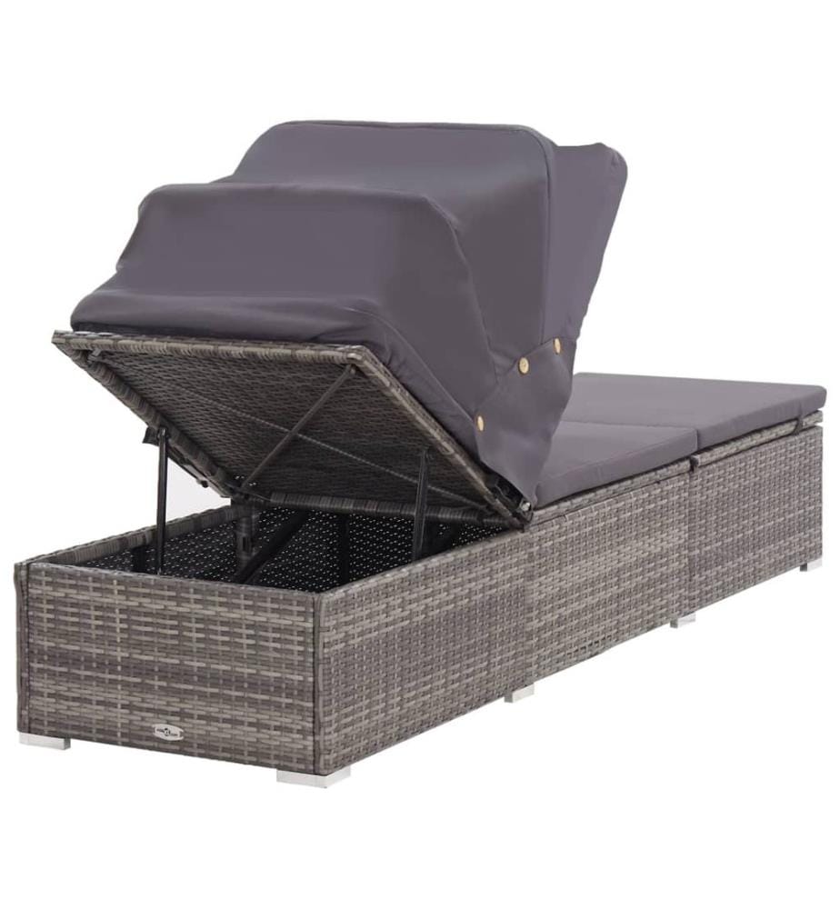 vidaXL Sonnenliege mit Sonnenschutz und Auflagen Poly Rattan Grau
