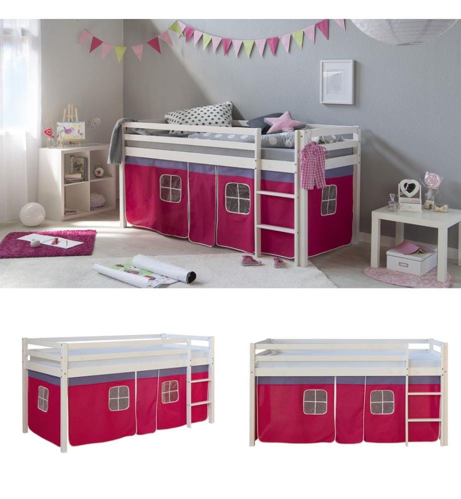 Letto a soppalco Letto per bambini 90x200 cm in legno bianco-rosa