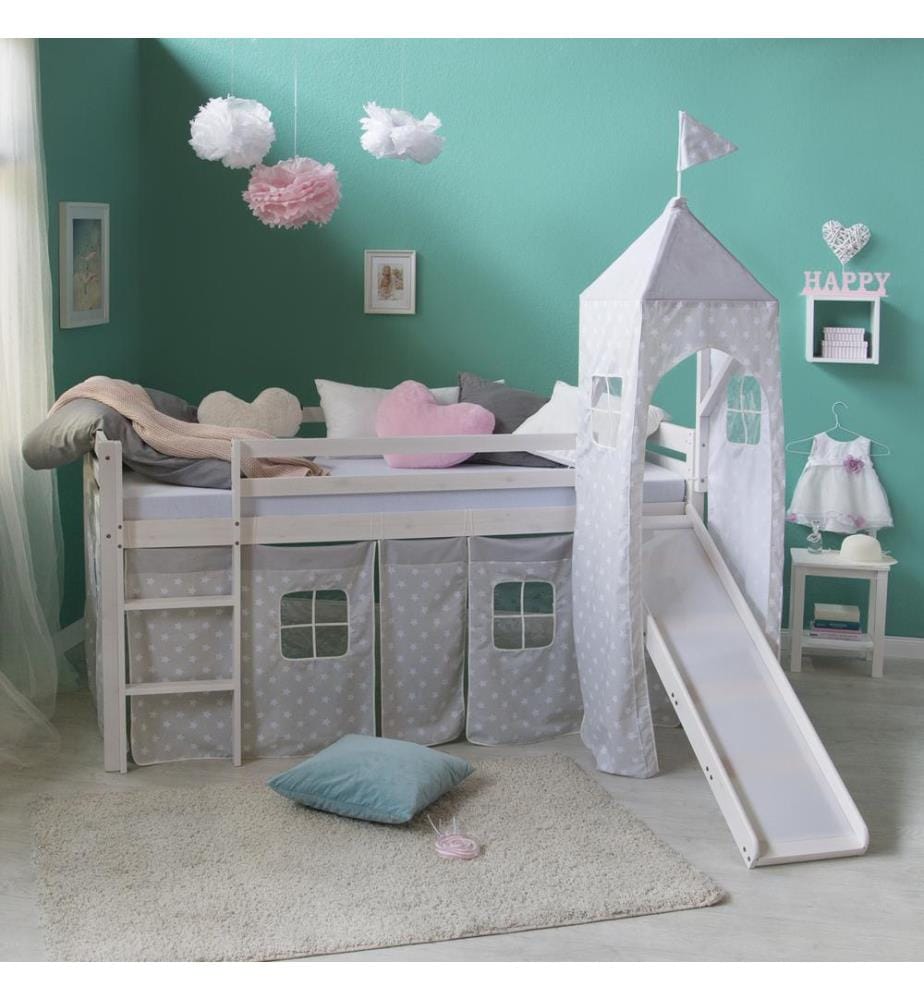 Lit surélevé d'enfant 90x200 cm en bois blanc-gris