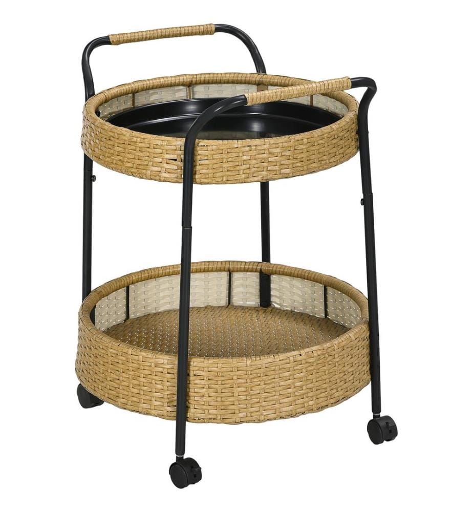 Servierwagen Rattan Trolley mit 2 Regalen Natur-Schwarz