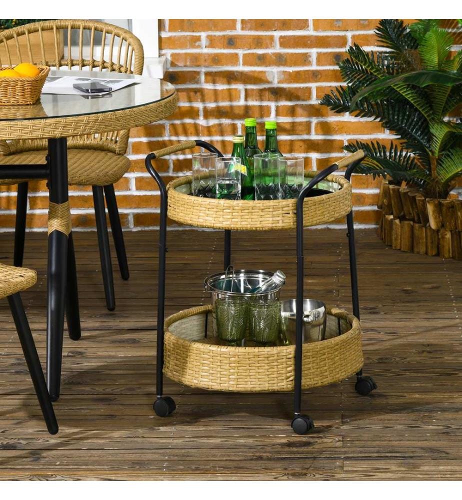 Servierwagen Rattan Trolley mit 2 Regalen Natur-Schwarz