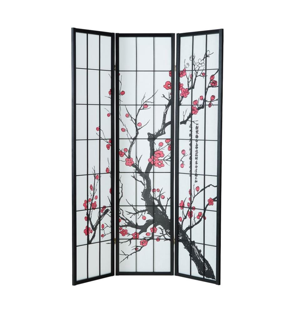 Paravent en bois 3 pièces avec fleurs de cerisier Noir