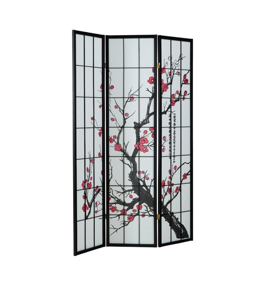 Paravent en bois 3 pièces avec fleurs de cerisier Noir