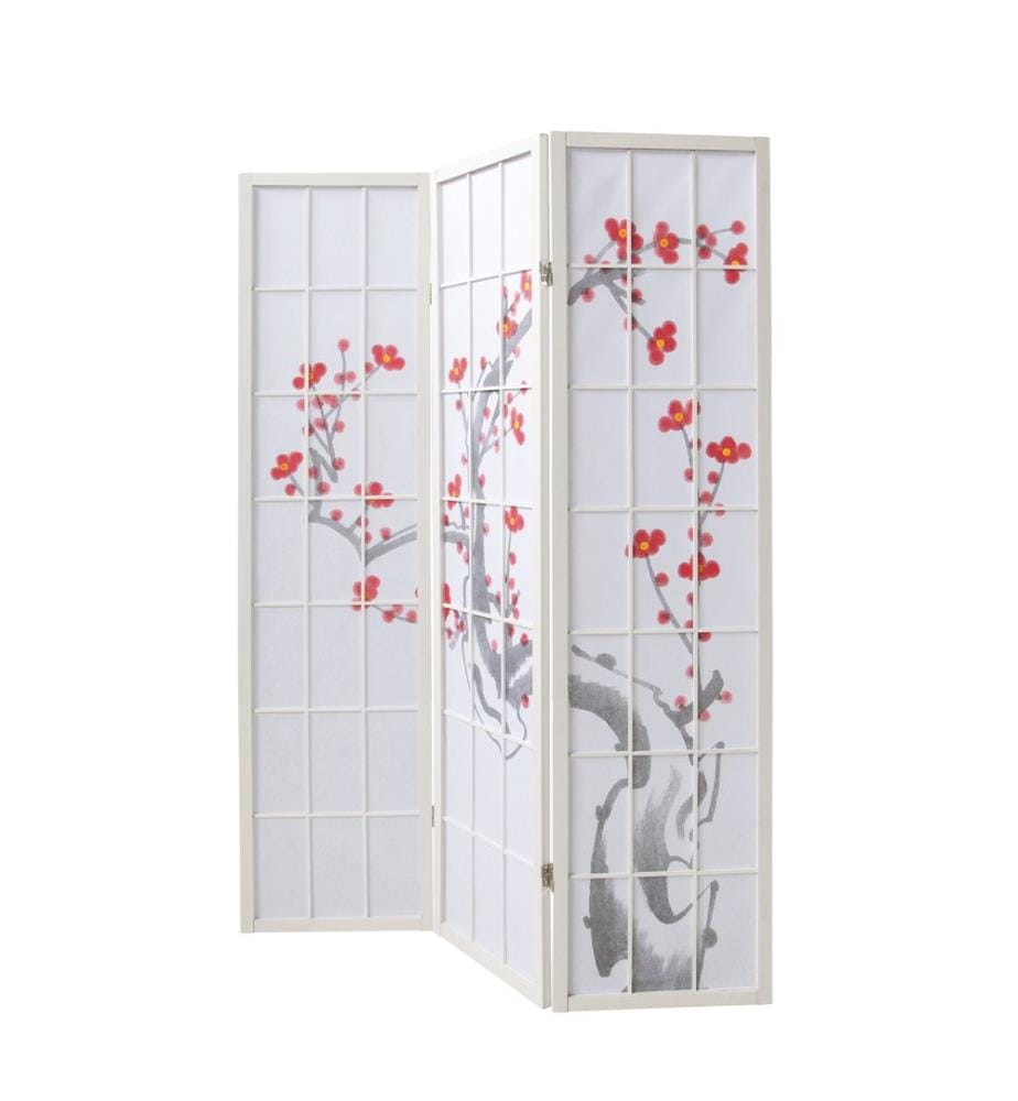 Paravent 3 pièces en bois avec fleurs de cerisier Blanc