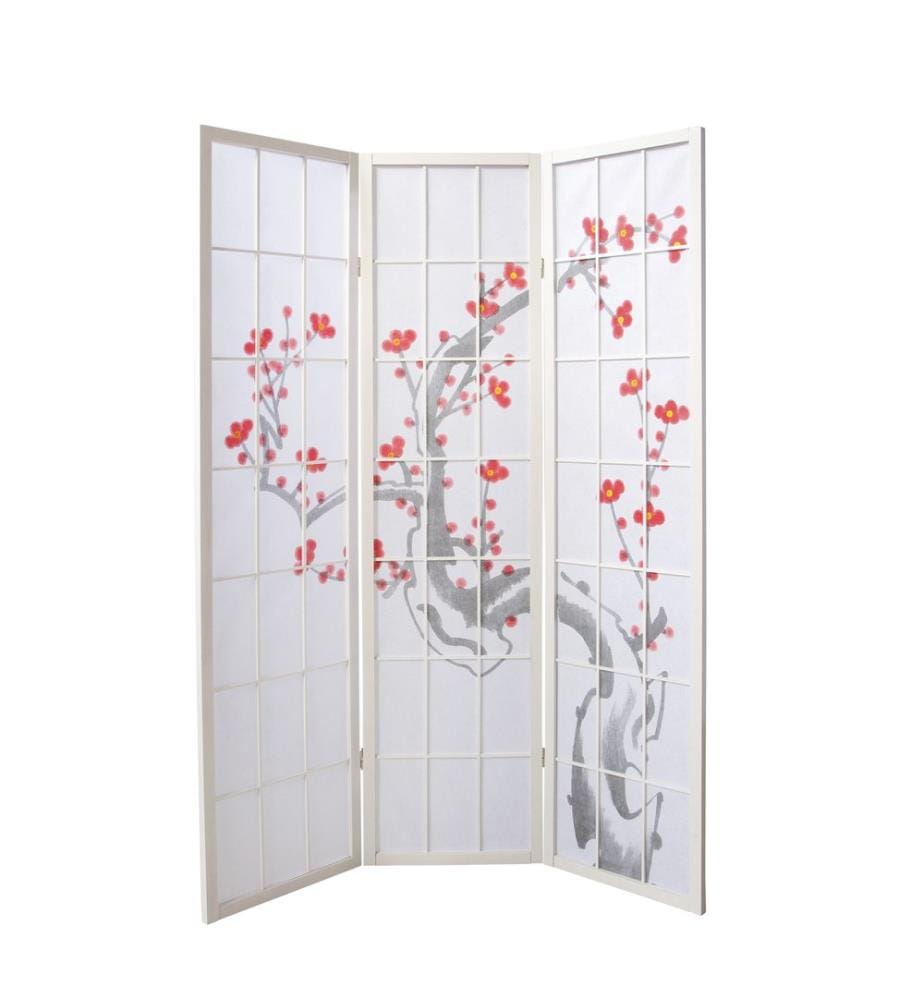 Paravent 3 pièces en bois avec fleurs de cerisier Blanc