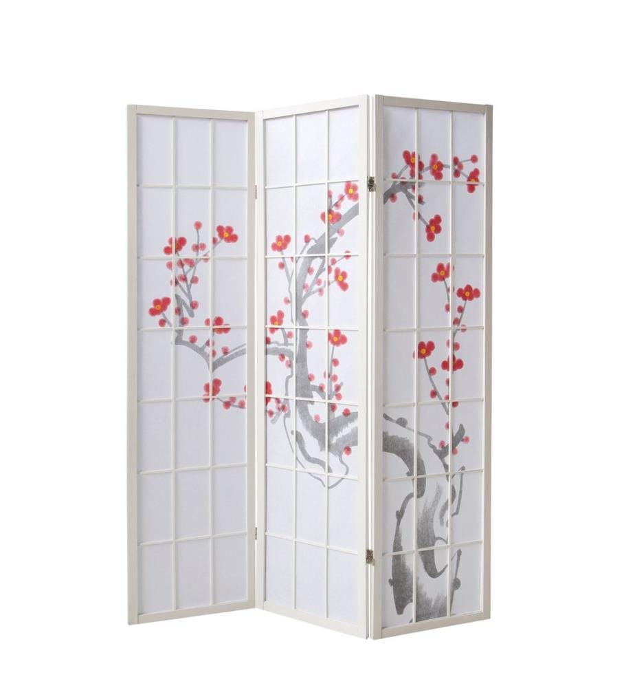 Paravent 3 pièces en bois avec fleurs de cerisier Blanc
