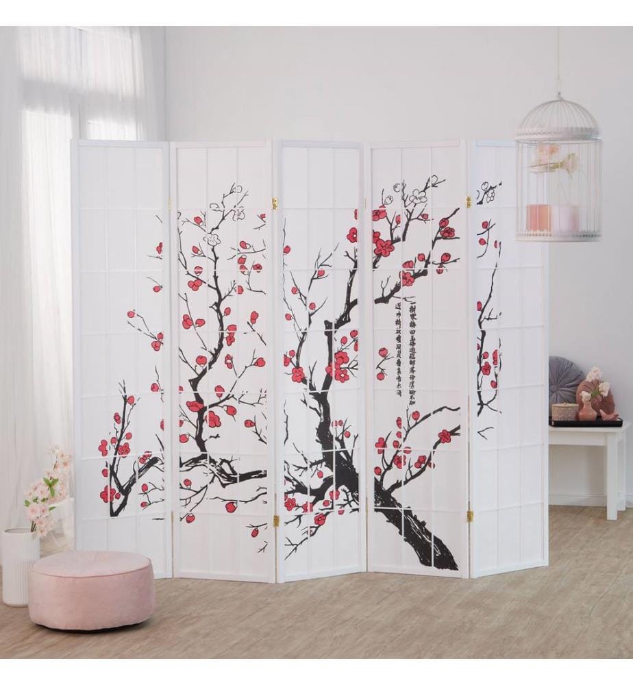 Paravent de séparation en bois 5 pièces avec fleurs de cerisier Blanc