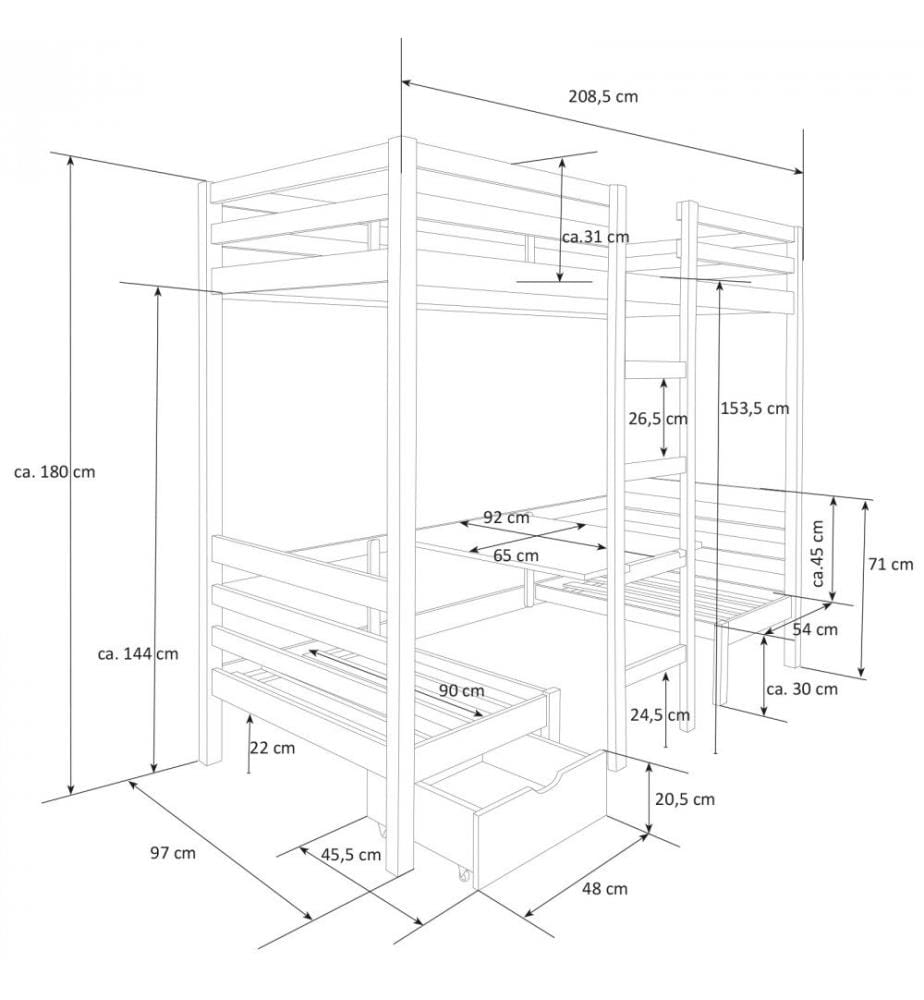 Lit superposé Lit surélevé avec bureau 90x200 cm Blanc
