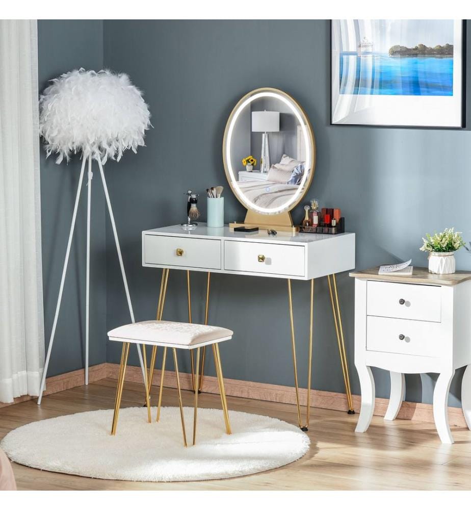Tavolino da toilette Tavolo cosmetico con specchio e sgabello oro bianco