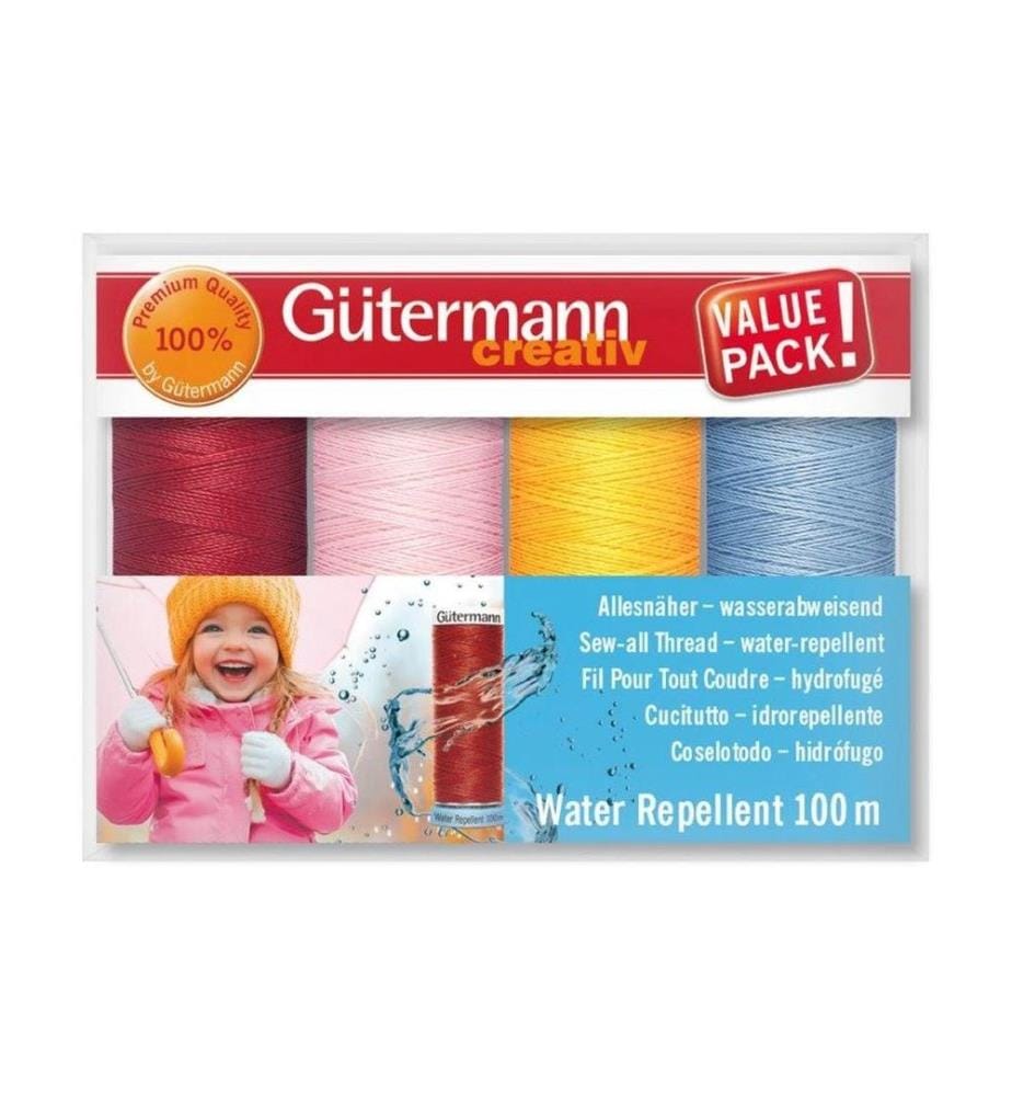 Gütermann - Kits de fil de couture Water Repellent 4 pièces, Bleu/Jaune/Rose/Rouge