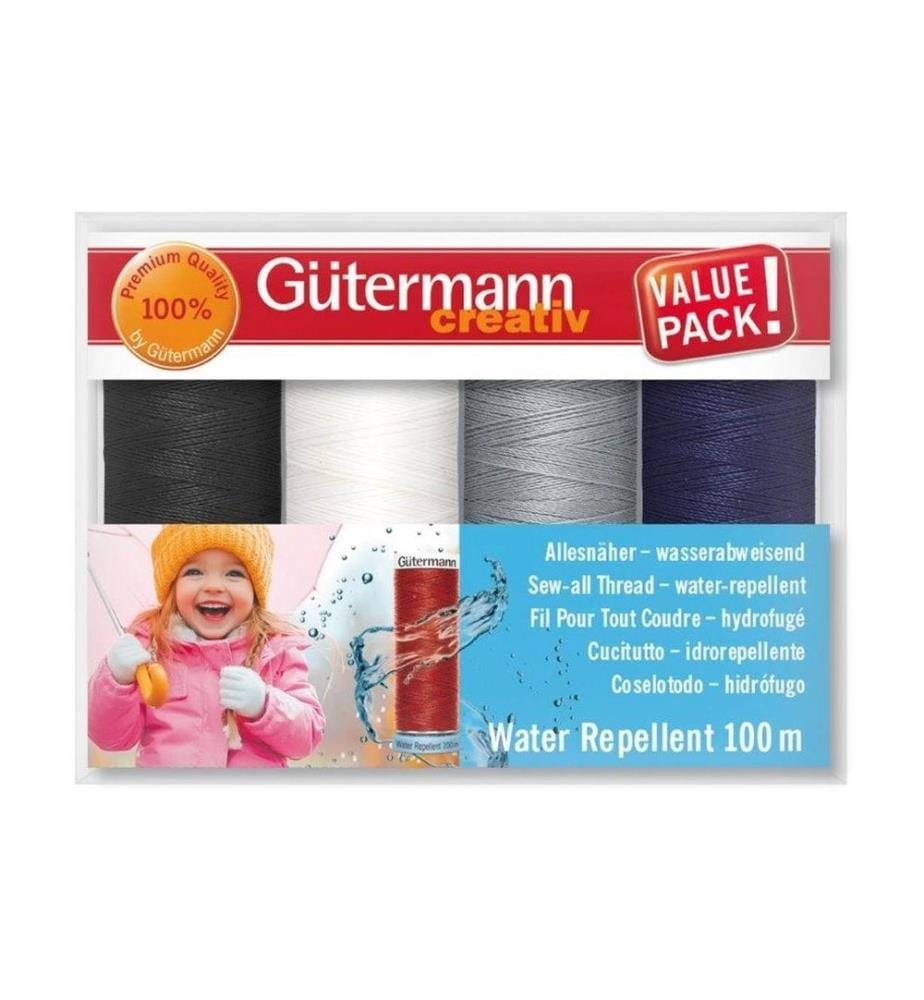 Gütermann - Kits de fil de couture Water Repellent 4 pièces, Bleu/Gris/Noir/Blanc