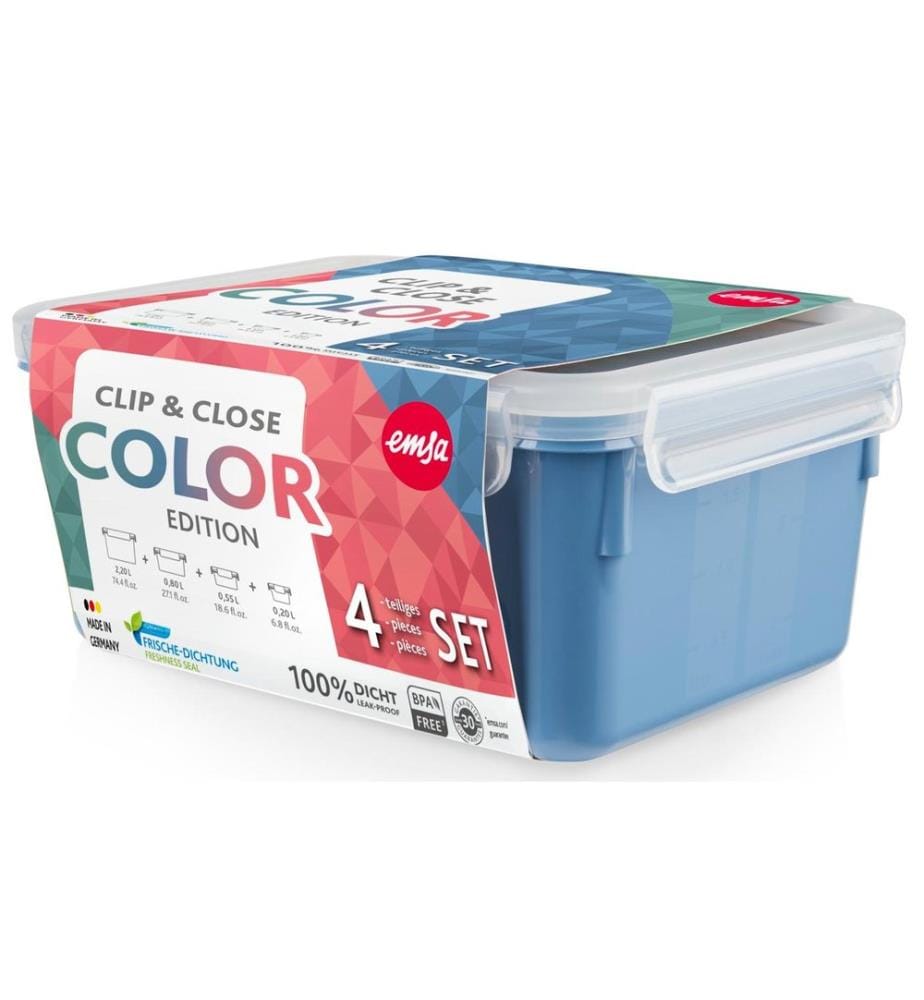 EMSA - Récipients à provisions Clip & Close 4 pièces, 3.55 l, Bleu