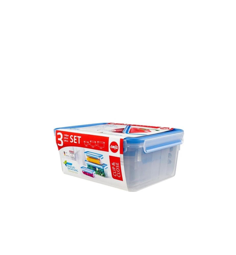 EMSA - Récipients à provisions Clip& Close 3 pièces, Bleu/Transparent