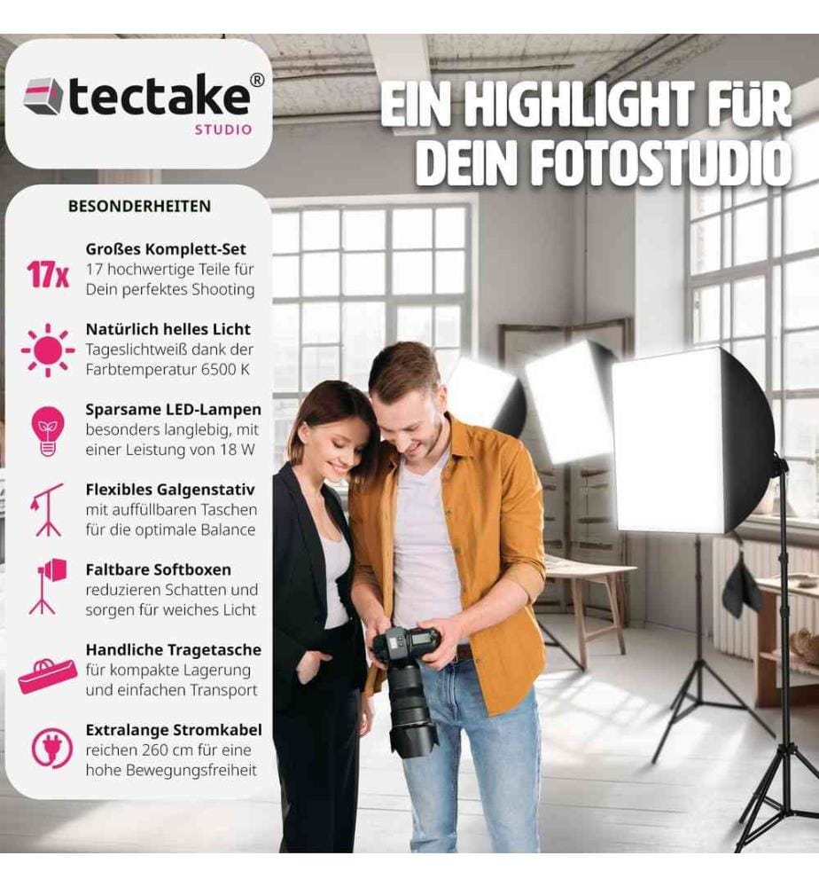 3 Studioleuchten im Set mit Softbox, Stativ und Tasche - schwarz
