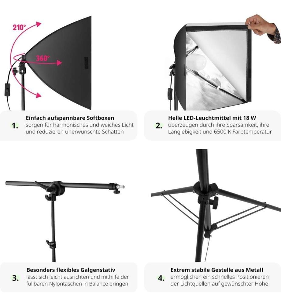 3 Studioleuchten im Set mit Softbox, Stativ und Tasche - schwarz