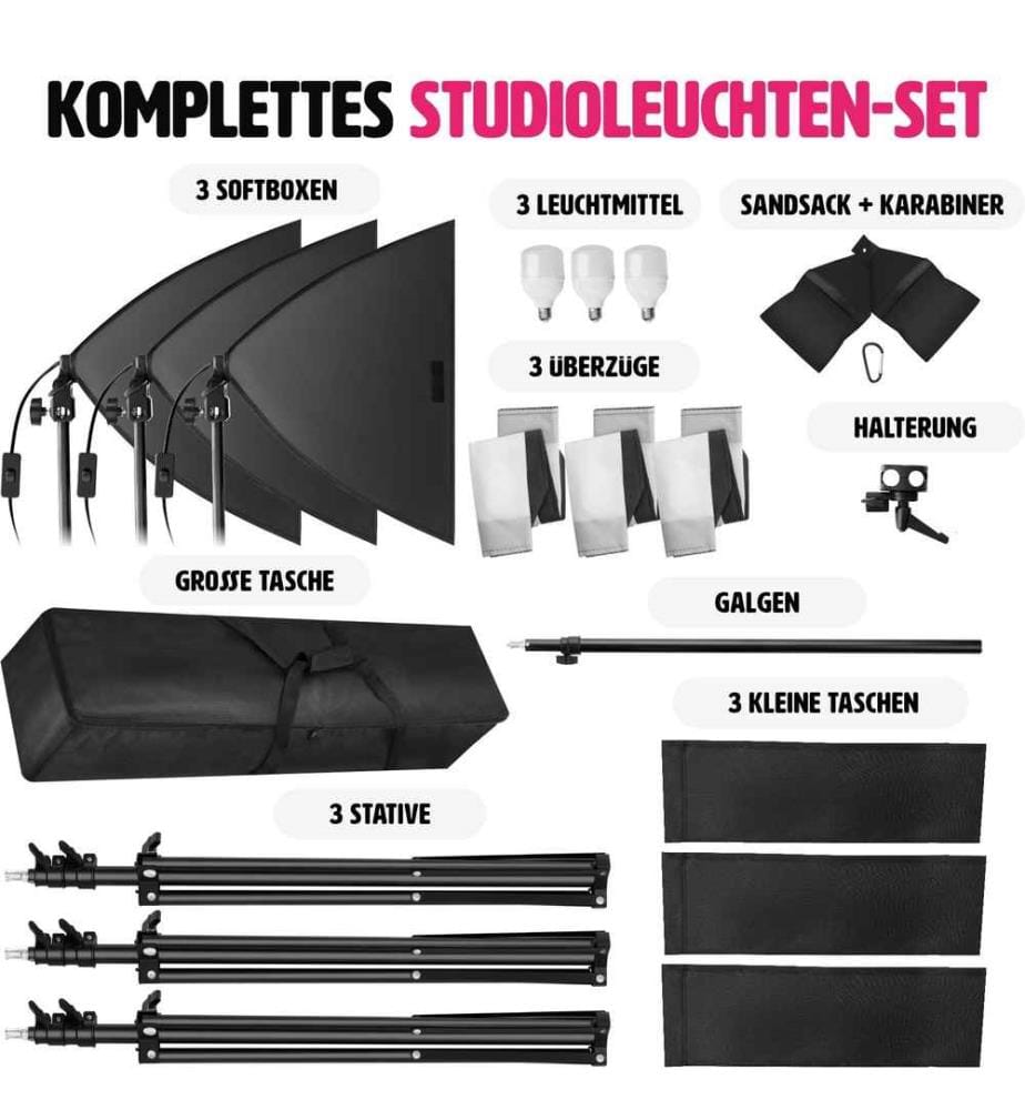 3 Studioleuchten im Set mit Softbox, Stativ und Tasche - schwarz