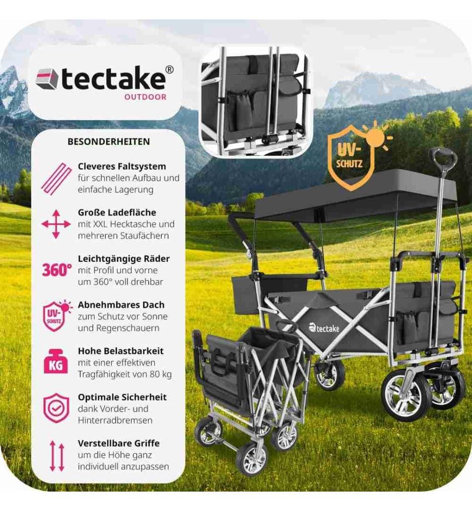 Garden Trolley Nico - foldable, with roof, telescopic handle, brake function, bag - grey
