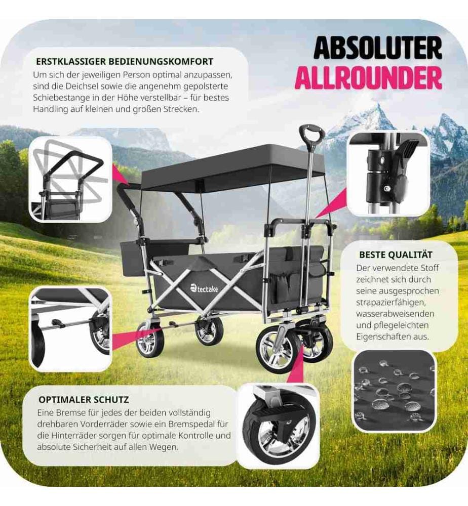 Garden Trolley Nico - foldable, with roof, telescopic handle, brake function, bag - grey