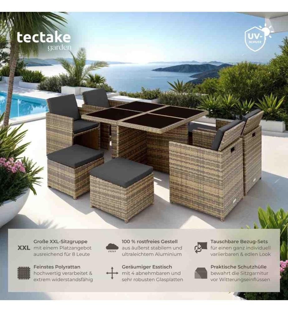 Salon de jardin MANHATTAN 8 places avec 2 sets de housses housse de protection, variante 2 - marron naturel