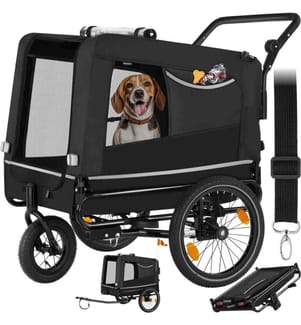 Dog Bike Trailer - multifunctional, foldable, including reflectors, leash and flag - black