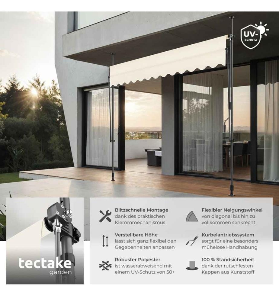 Awning with hand crank - pressure fitted , height adjustable - 300 x 180 cm, beige