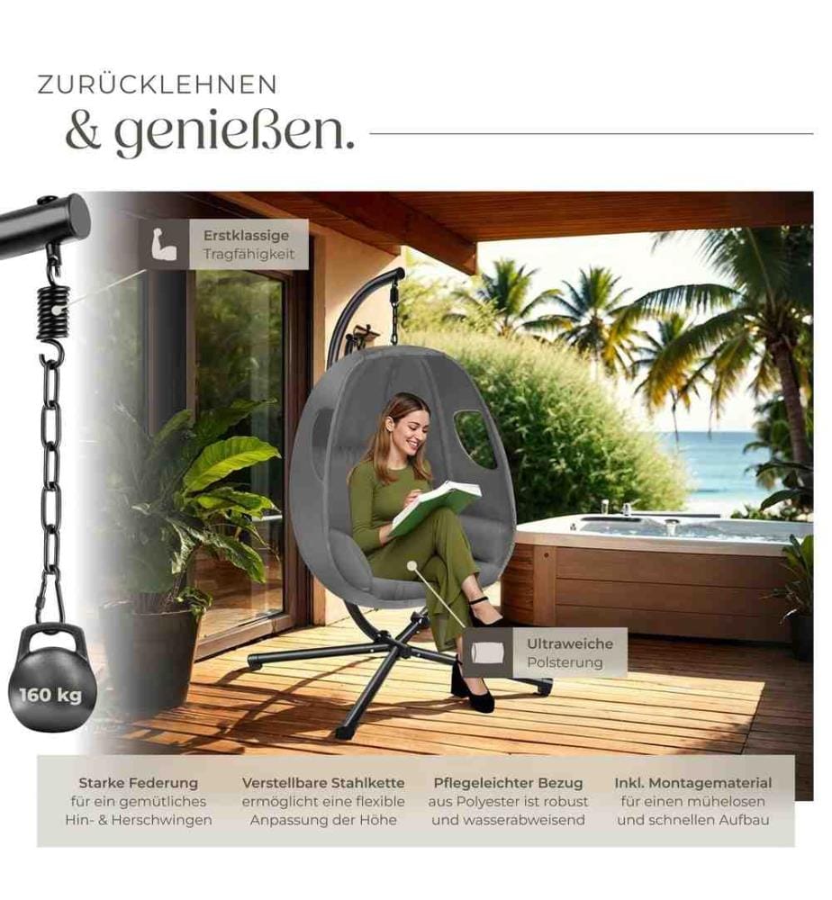 Fauteuil suspendu Anika avec Support et Coussin 160kg - gris anthracite
