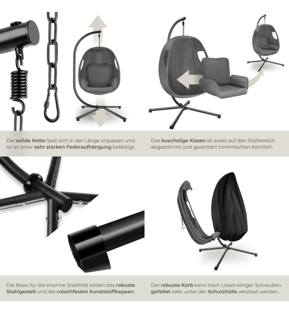 Fauteuil suspendu Anika avec Support et Coussin 160kg - gris anthracite