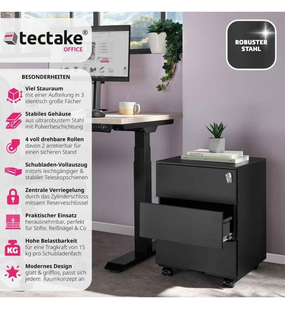 Caisson de bureau à roulettes Magna avec 3 tiroirs verrouillables - noir
