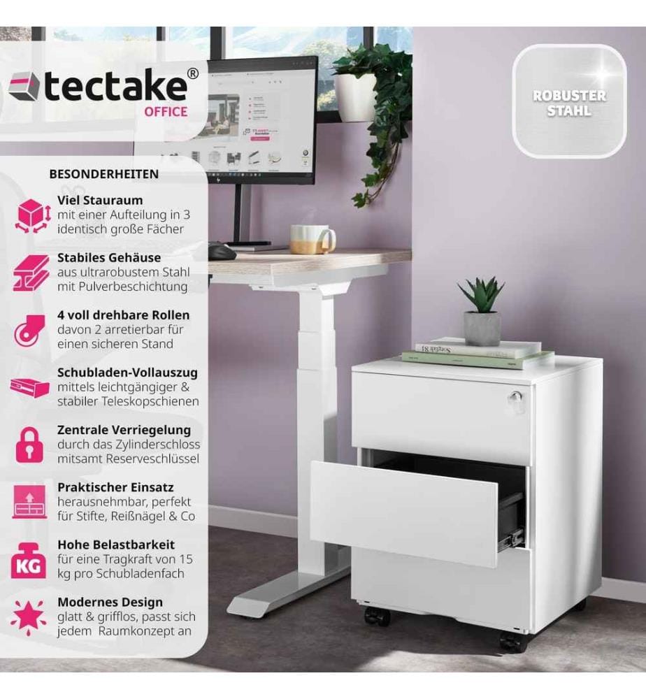 Caisson de bureau à roulettes Magna avec 3 tiroirs verrouillables - blanc