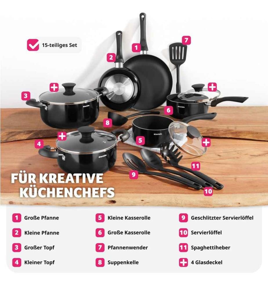 Pan Set Varese - 15-piece, 4 pots, 2 pans, non-stick, including kitchen utensils - black