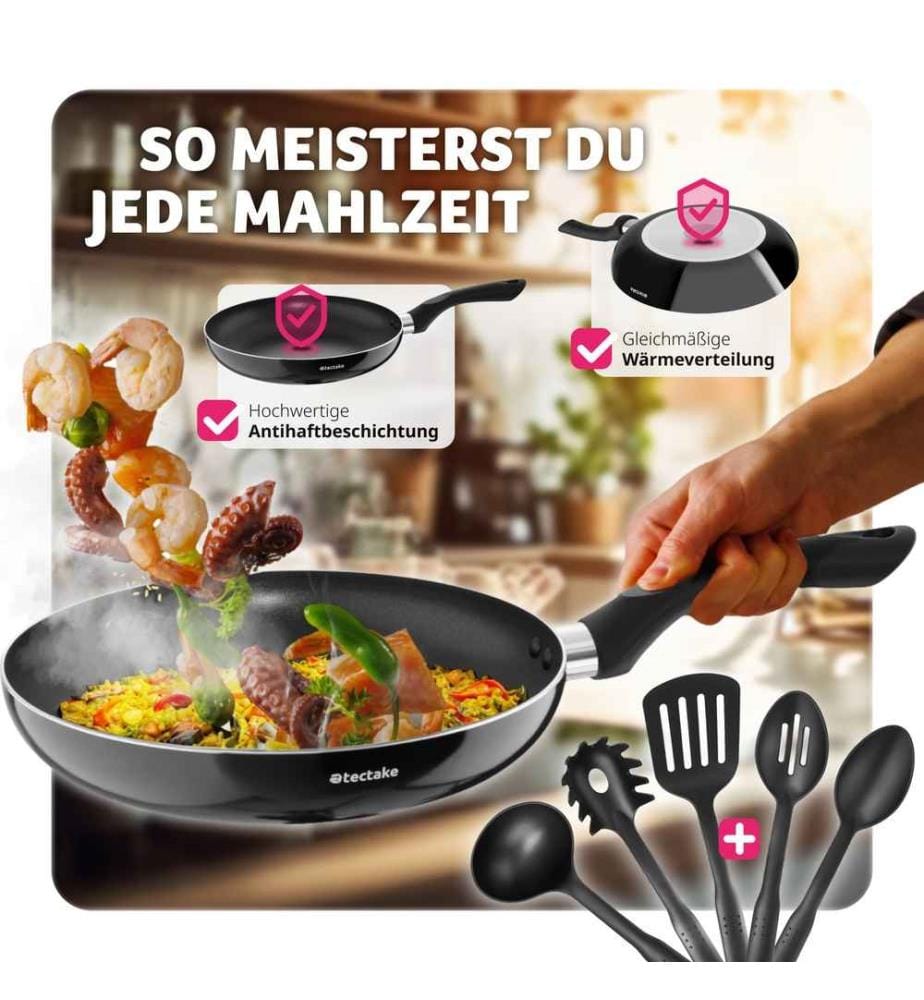 Pan Set Varese - 15-piece, 4 pots, 2 pans, non-stick, including kitchen utensils - black