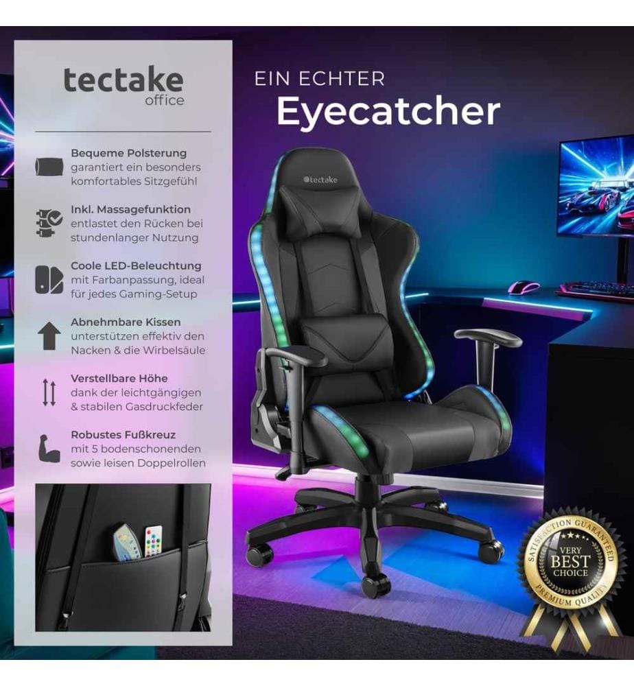 Sedia da gioco Tartaros, LED, funzione massaggio - neronero