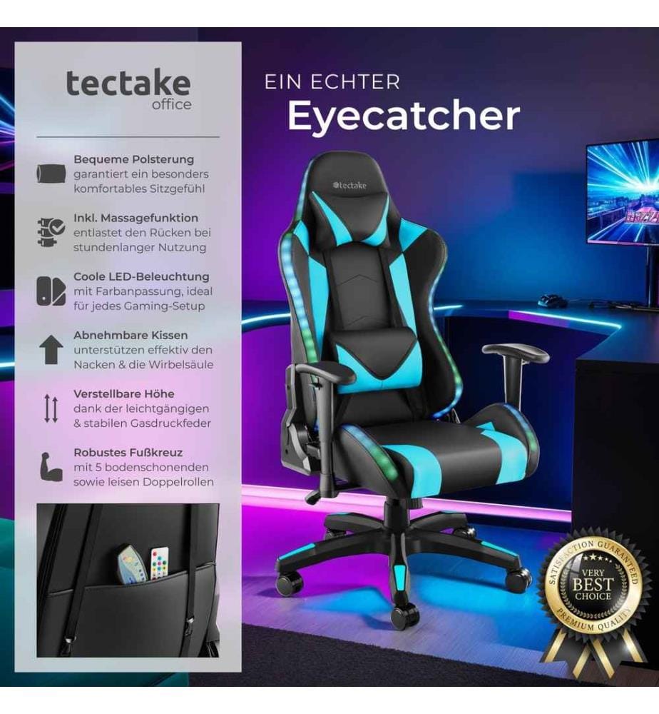 Sedia da gioco Tartaros, LED, funzione massaggio - neroazzurro