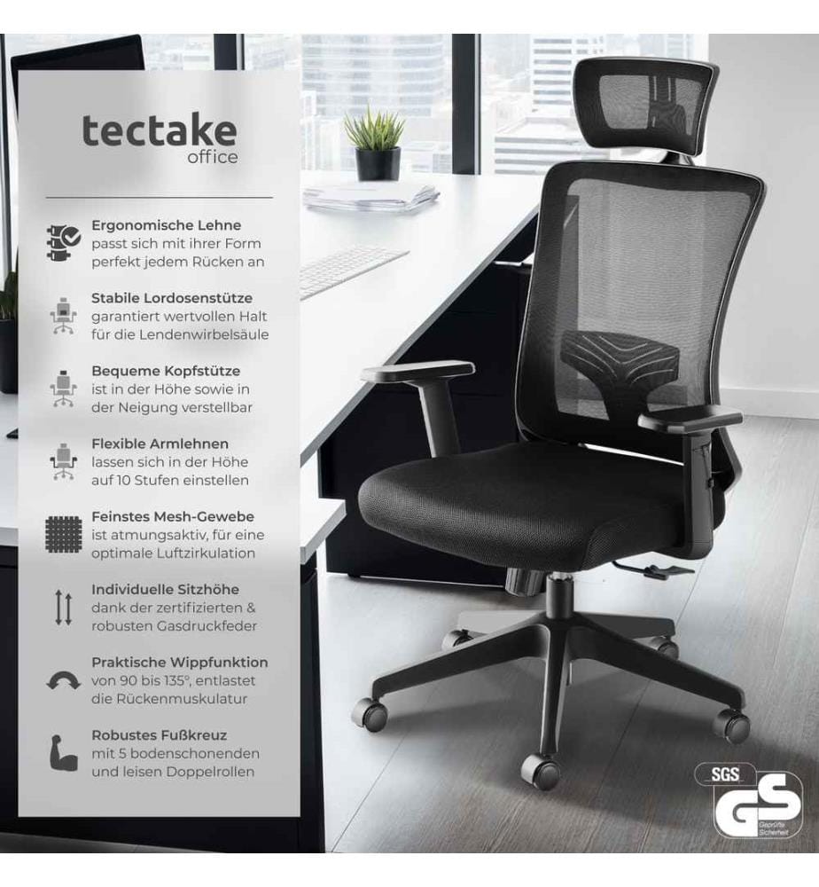 Office Chair Phoebe - ergonomic shape, lumbar support, adjustable headrest - black
