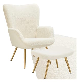 Sessel Hygge gepolstert, ergonomisch, Belastbarkeit 150 kg - mit Hocker, Bouclé cremegold