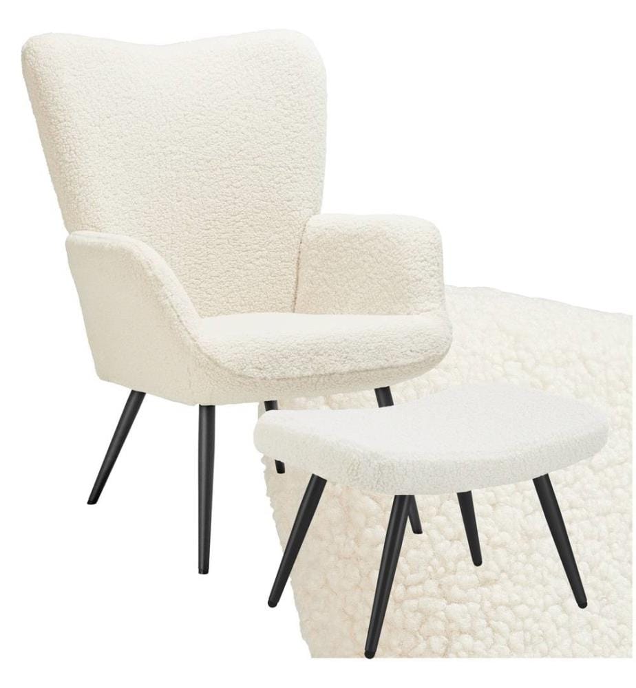 Sessel Hygge gepolstert, ergonomisch, Belastbarkeit 150 kg - mit Hocker, Bouclé cremeschwarz