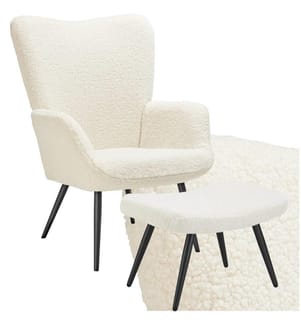 Sessel Hygge gepolstert, ergonomisch, Belastbarkeit 150 kg - mit Hocker, Bouclé cremeschwarz