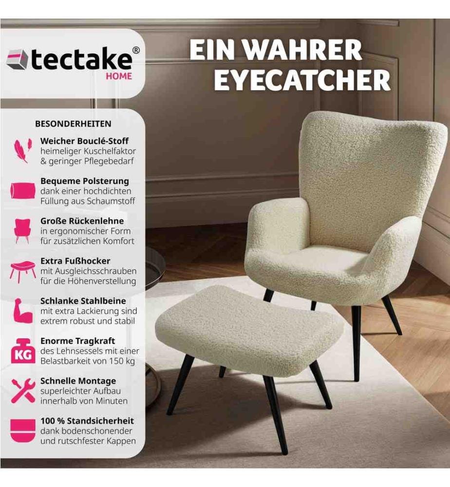 Sessel Hygge gepolstert, ergonomisch, Belastbarkeit 150 kg - mit Hocker, Bouclé cremeschwarz