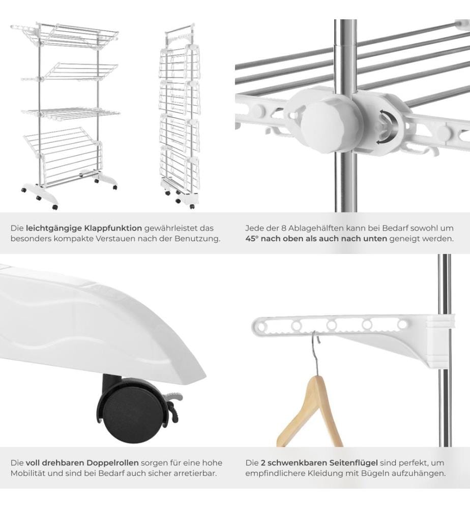 Drying Rack Odelia - with wheels, foldable, 4 tiers - whitechrome