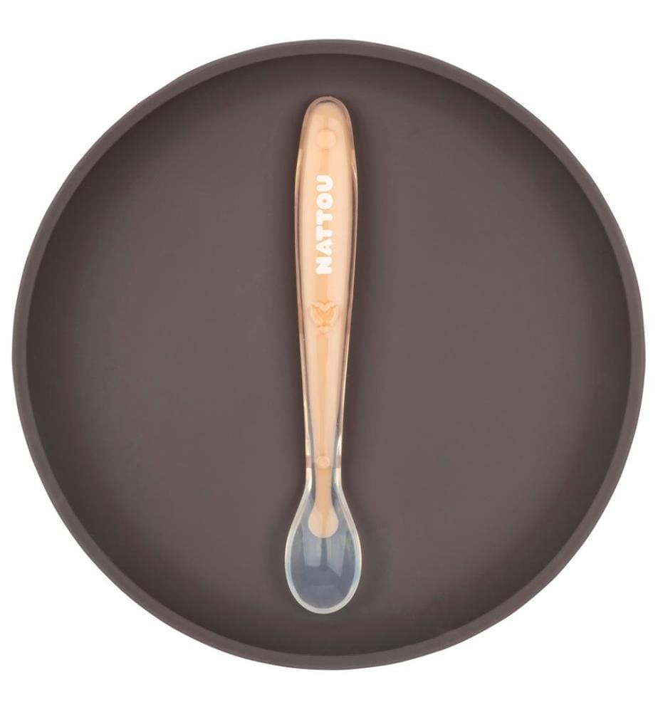 SILICONE Assiette avec cuillère aubergine-pêche