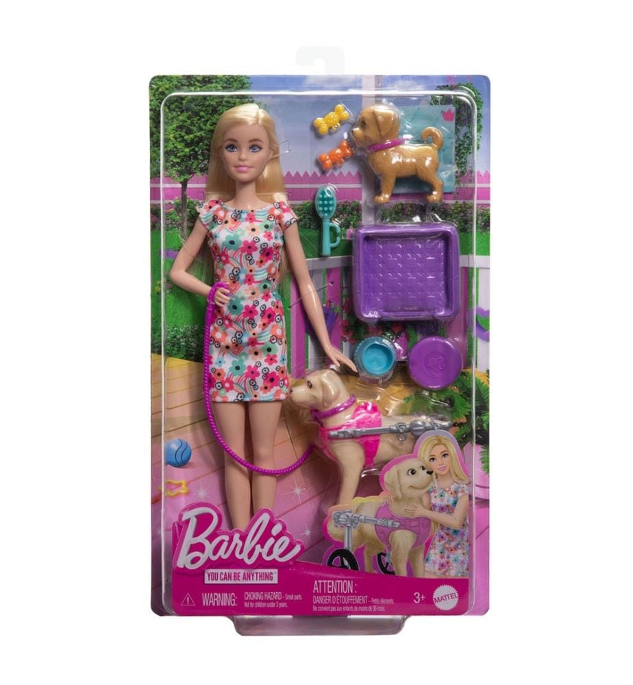 Barbie che porta a spasso il cane con la sedia a rotelle