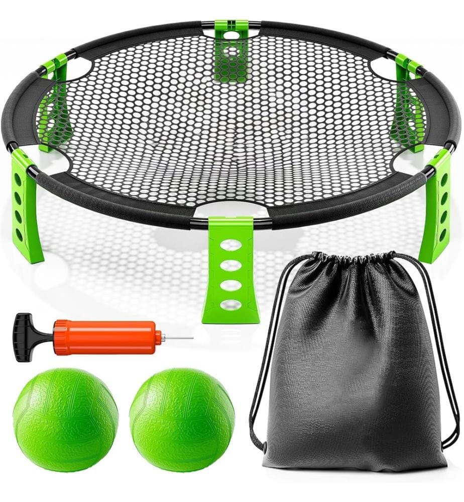 Kit rete tonda con rete D90xh20cm, 3 palloni da gonfiare (2 x dia.9cme 1 da 12 cm), pompa da 15,25 cm, regole del gioco e sacchetto per riporle.