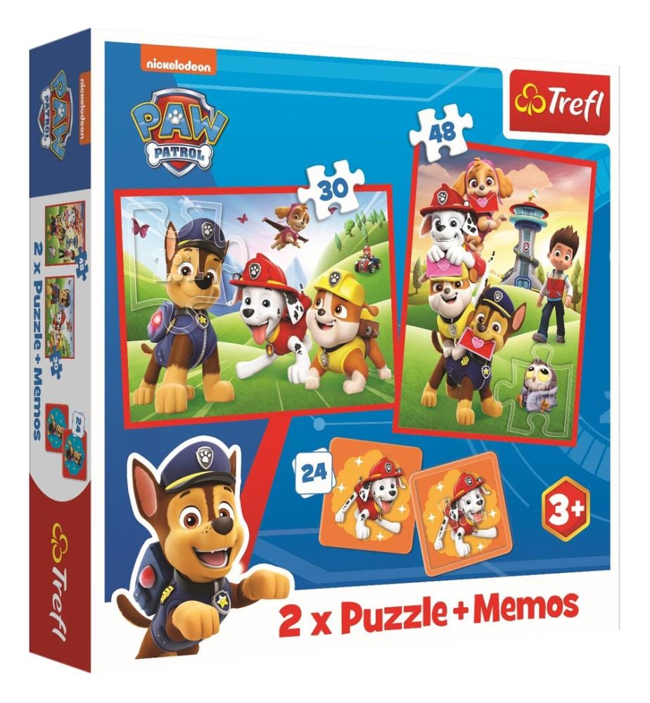 2Xpuzzles + Memo di Pat'Patrouille Cani in azione - 30 e 48 pezzi + 24 Memo di carte - 3 anni e più
